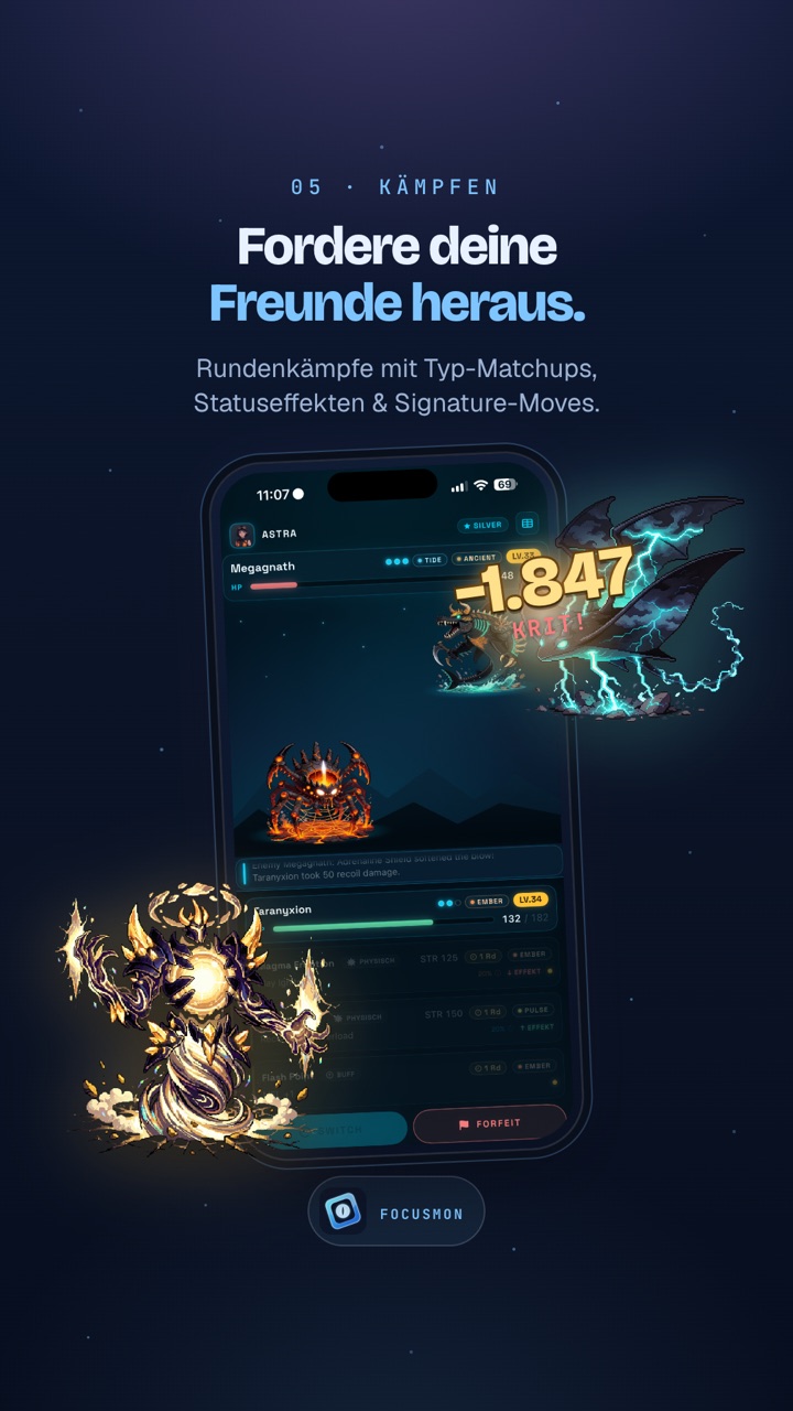 Fordere deine Freunde heraus – Rundenkämpfe mit Typ-Matchups, Statuseffekten und Signature-Moves.